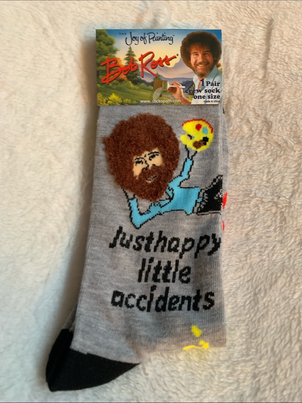 Bob Ross 'Just Happy Little Accidents' Grey Crew Socks